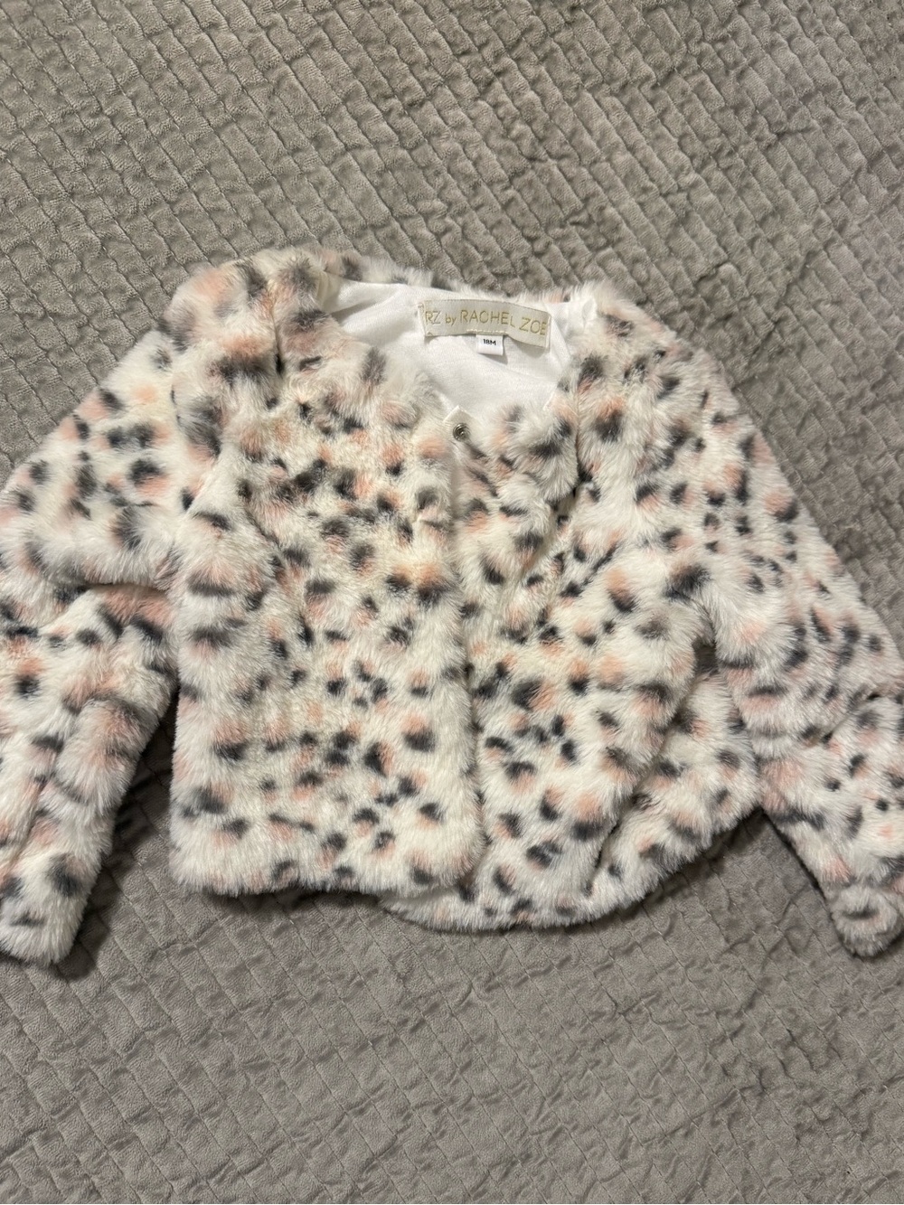 Rachel Zoe Girls Faux Fur Leopard Print Jacket in White, Pink, Black